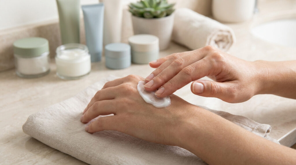 Une personne applique une crème hydratante blanche sur le dos de sa main au-dessus d'une serviette dans une salle de bain.