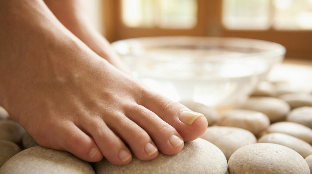 Pieds d'une personne posés sur des galets de spa avec un bassin d'eau en arrière-plan.