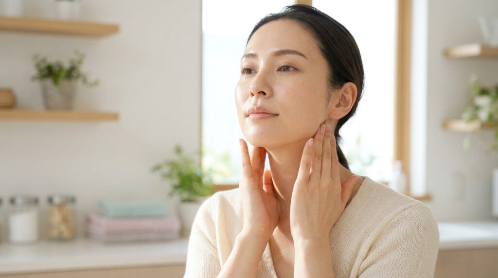 Une femme asiatique applique délicatement un soin sur son cou dans une pièce lumineuse et minimaliste.