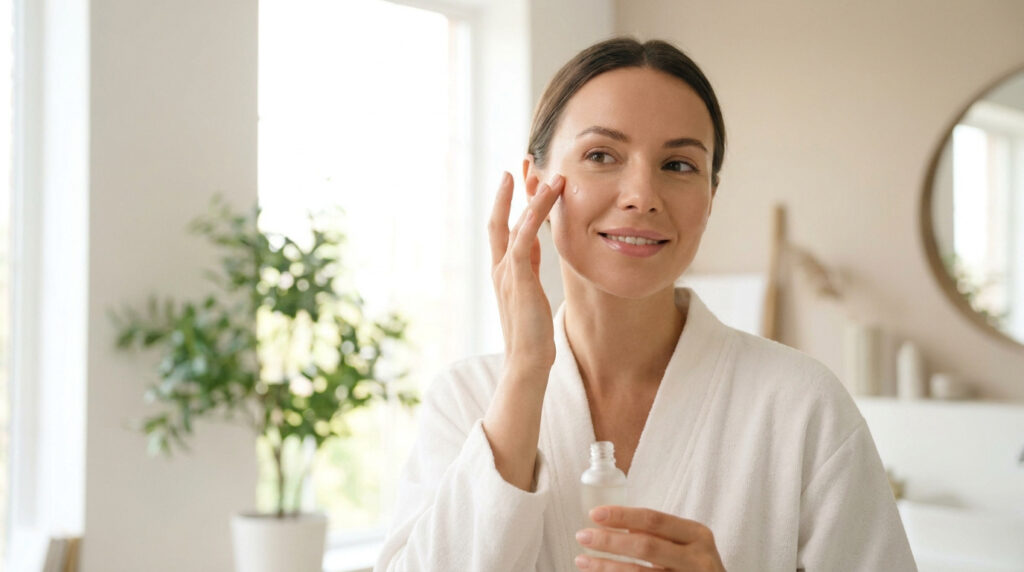 Femme en peignoir blanc appliquant un sérum sur son visage dans une salle de bain lumineuse et naturelle.