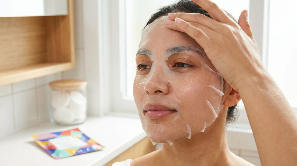 Une femme applique un masque en tissu hydratant sur son visage dans une salle de bain lumineuse.