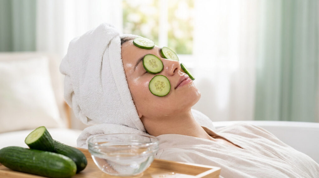 Une femme avec une serviette sur la tête et des rondelles de concombre sur le visage pour un soin hydratant.