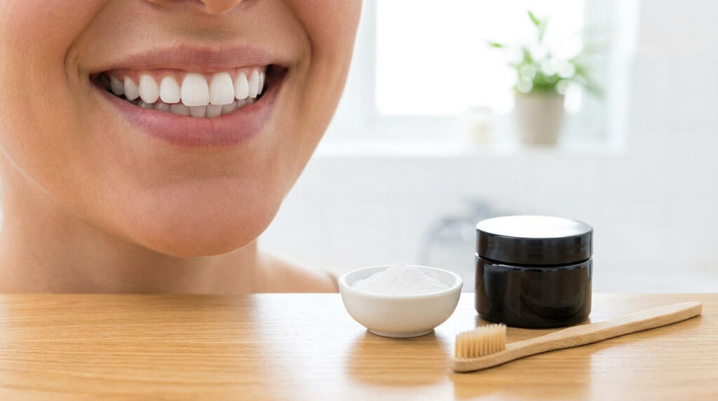 Gros plan sur un sourire éclatant avec du bicarbonate, un pot noir et une brosse à dents en bambou sur une table.