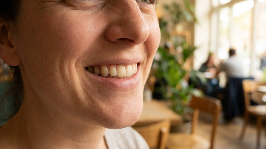 Gros plan sur le sourire d'une femme souriante dans un café pour illustrer les soins dentaires.