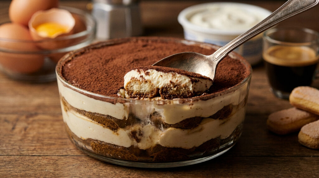 Un tiramisu onctueux dans un bol en verre avec une cuillère, entouré d'ingrédients sur une table en bois.