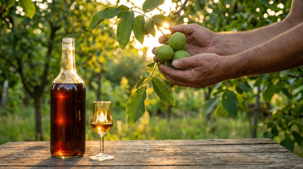 Mains tenant des noix vertes sur un noyer à côté d'une bouteille et d'un verre de vin de noix au coucher du soleil.
