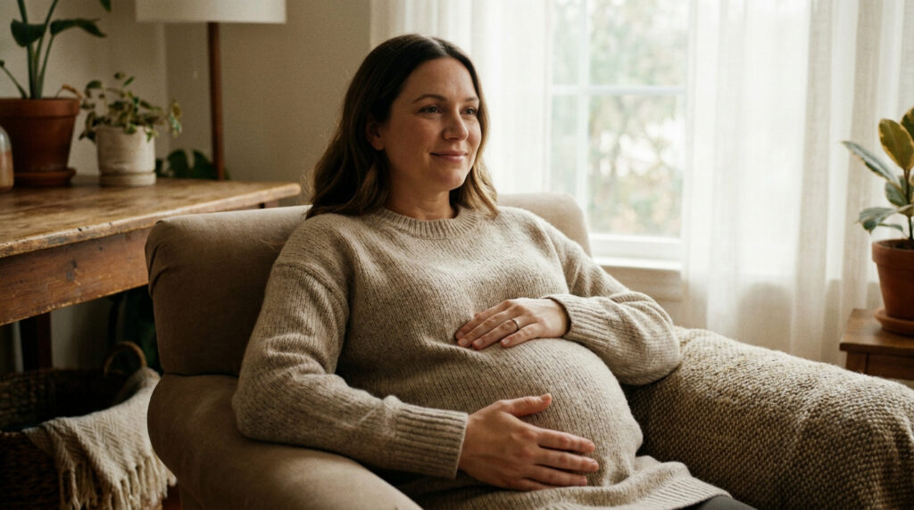 Femme enceinte souriante assise dans un fauteuil, posant tendrement ses mains sur son ventre arrondi.